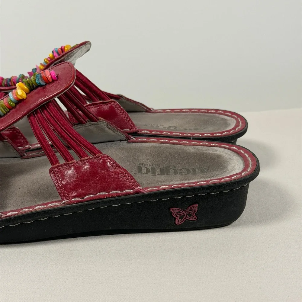 Alegria Red Leather Beaded Sandals PIS-615 Womens 39 Multi-Color Boho Slide